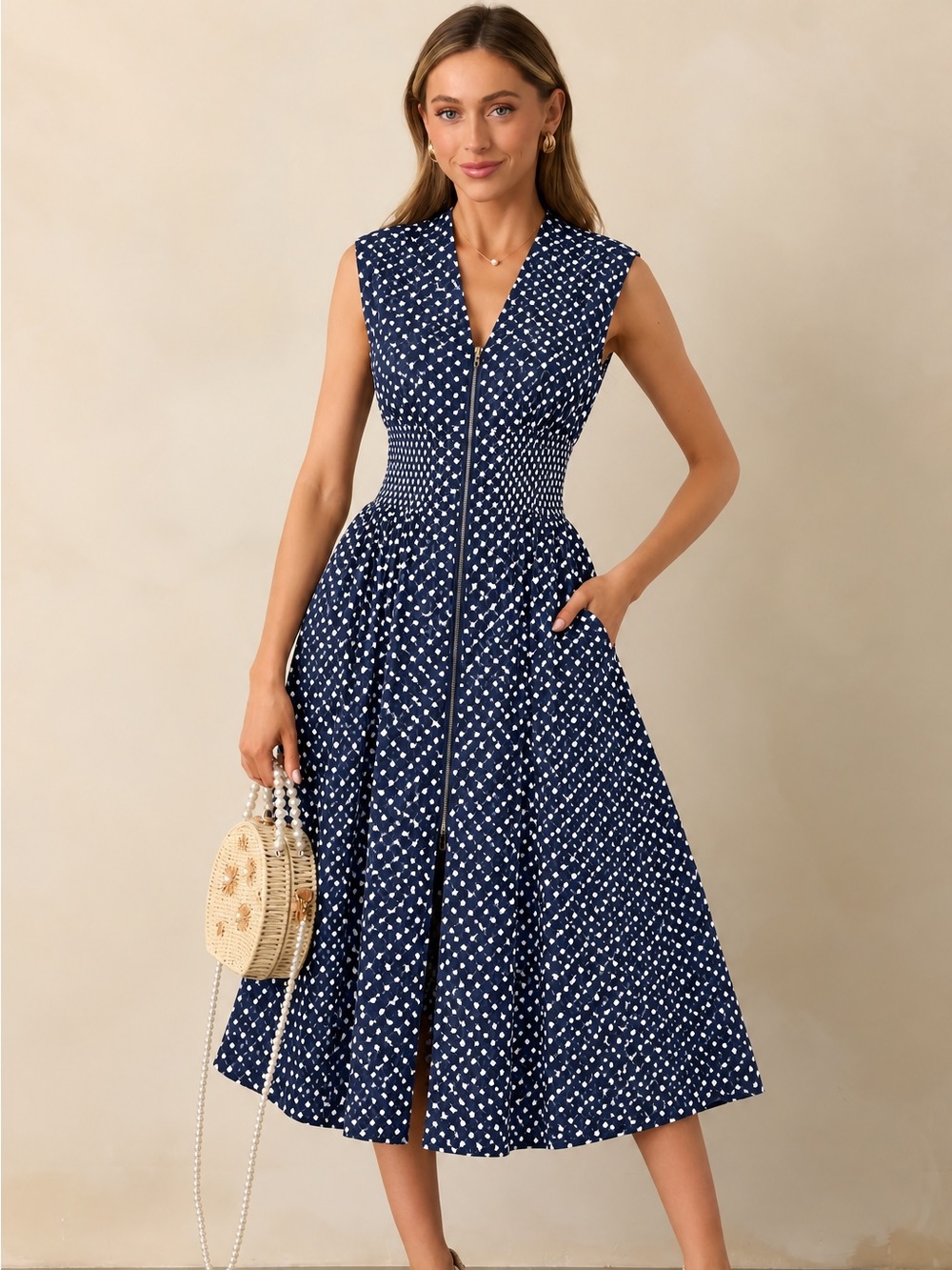 Kensie Navy Blue Embroidered Sleeveless Zip Front Midi Dress Size 6